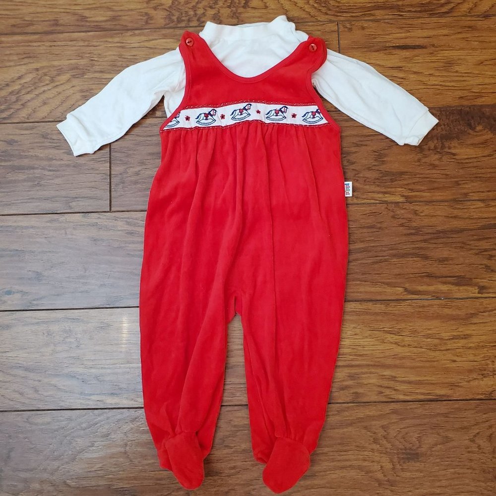 Vintage Pippi Rocking Horse Velour Adjustable Overalls Footies Baby Boy 9-12 Mon